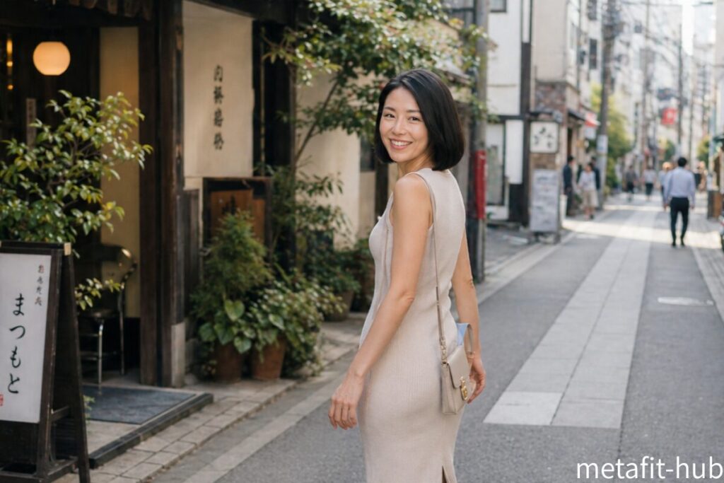 ナチュラルメイクで日本の街を歩きながら笑顔で振り向く30代女性