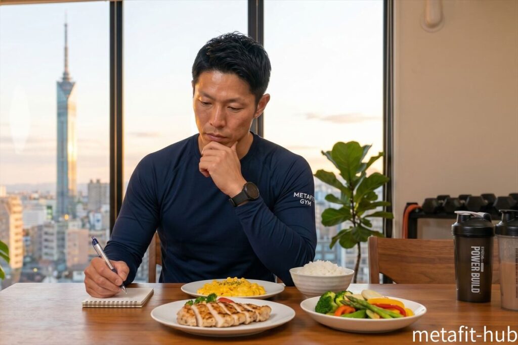 chippeiが筋トレ向けの食事を前にメモを取りながら考えているシーン