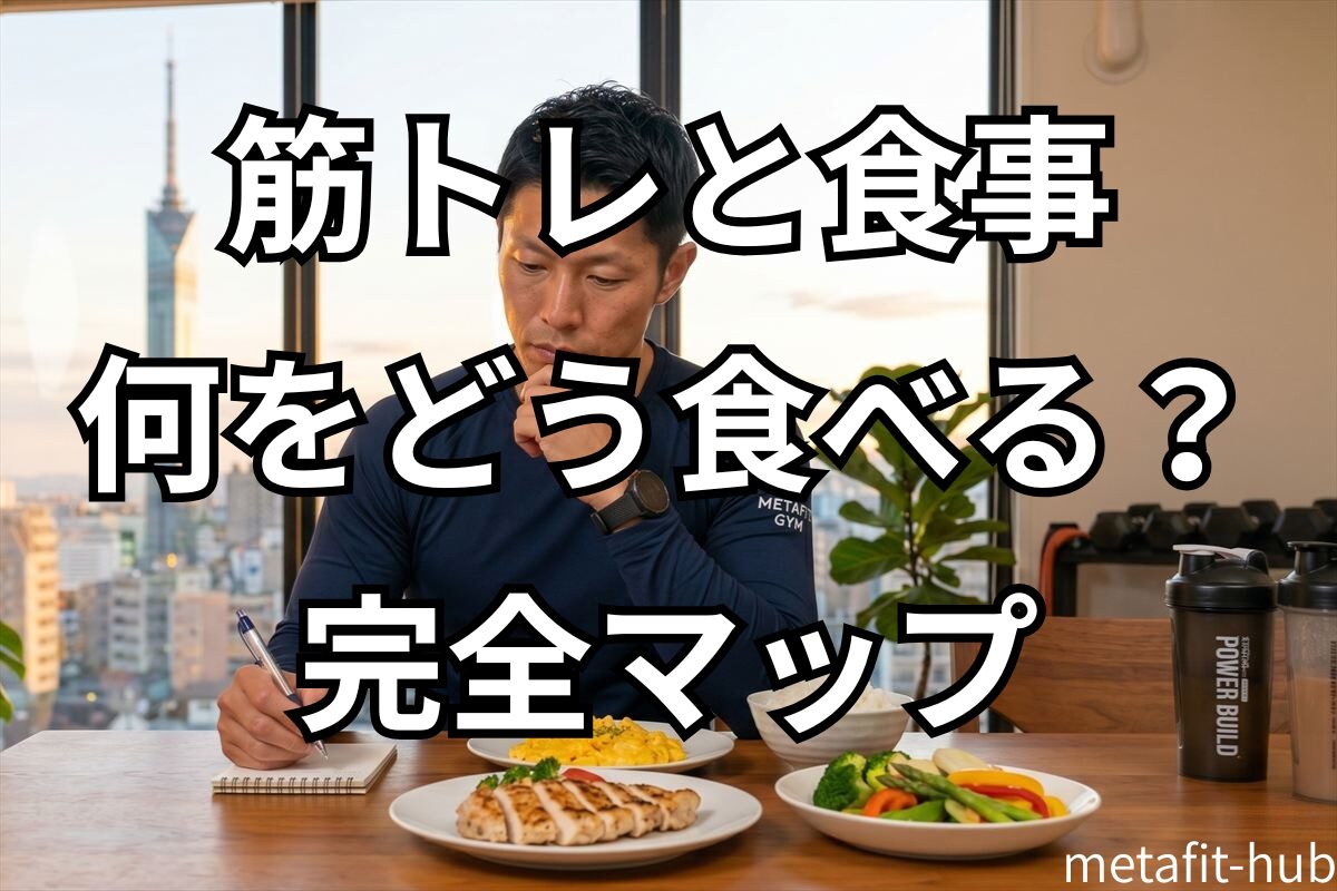 筋トレ向けの食事を前にメモを取りながら考えているシーン