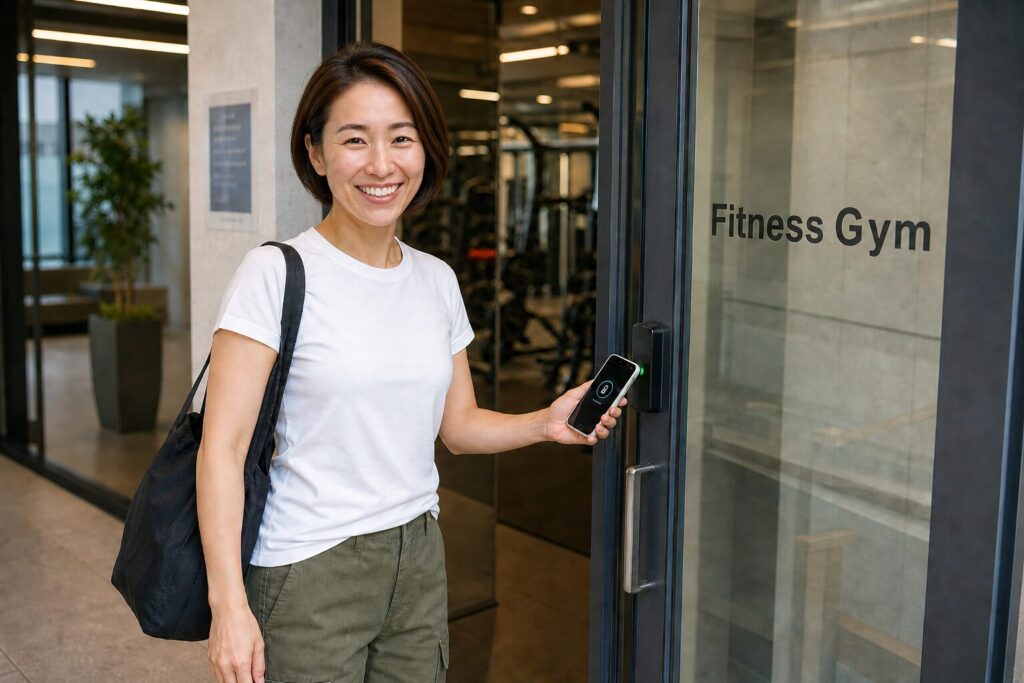 24時間ジムの入口でスマホを使って入館する女性の様子を写した初心者向けジム入門イメージ画像