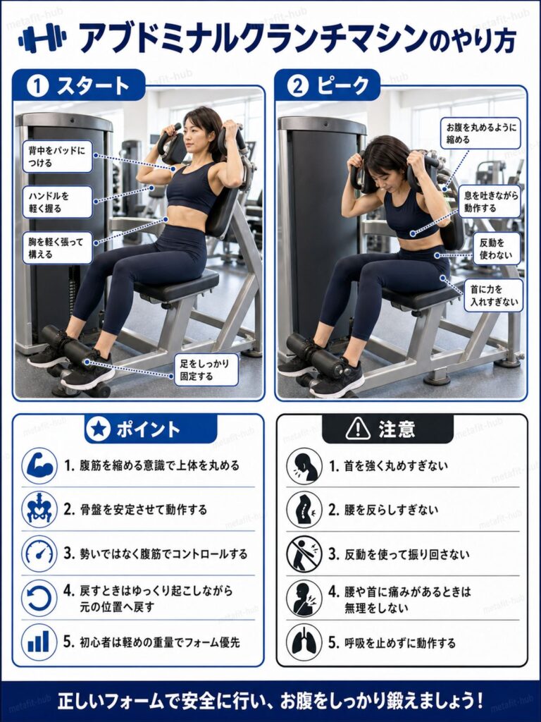 アブドミナルクランチマシンの使い方を、スタート姿勢と腹筋を丸める動作で解説した初心者向け画像