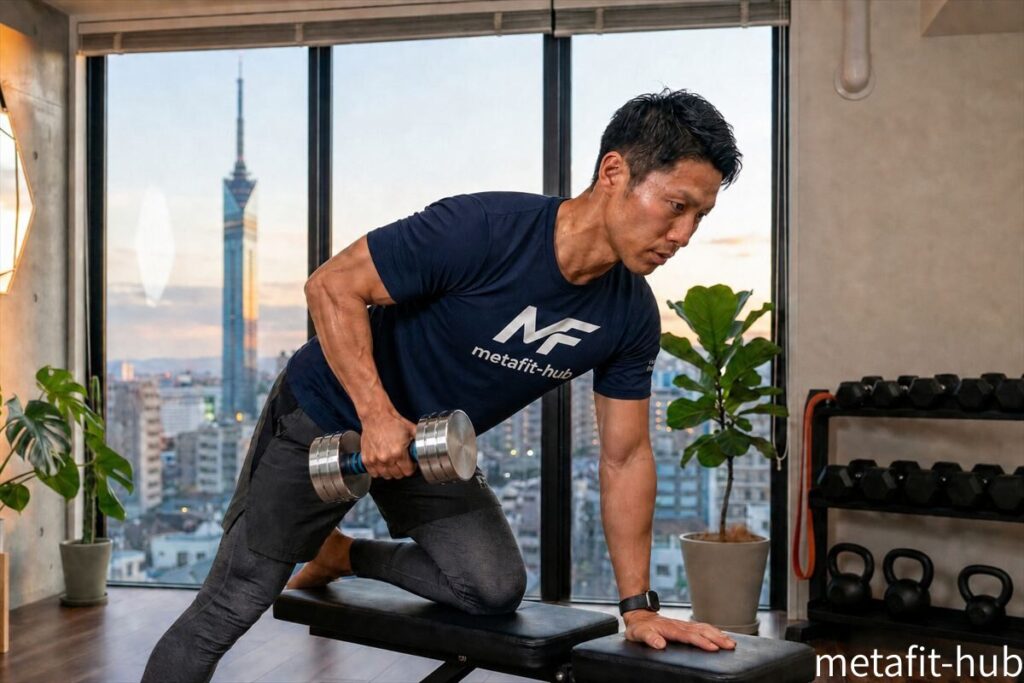 可変式ダンベルを使ってワンハンドローを行う男性