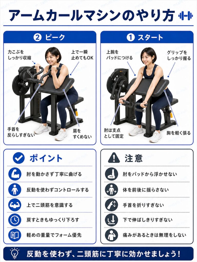 アームカールマシンで上腕二頭筋を鍛えるやり方を、スタート姿勢とピーク動作で解説した初心者向け画像