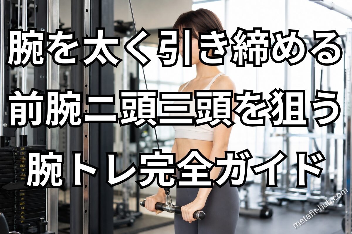 ジムのケーブルマシンでトライセプスプッシュダウンをする女性。腕を太く引き締める・前腕二頭三頭を狙う腕トレ完全ガイド。