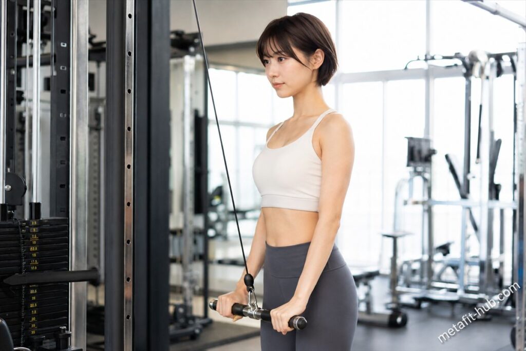 ジムのケーブルマシンでトライセプスプッシュダウンを行う女性トレーニー。上腕三頭筋を意識したフォームでバーを押し下げている。