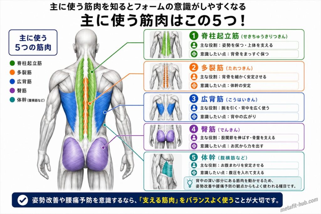 バードドッグで鍛えられる背中の筋肉図。脊柱起立筋をメインに広背筋・臀筋も使われる