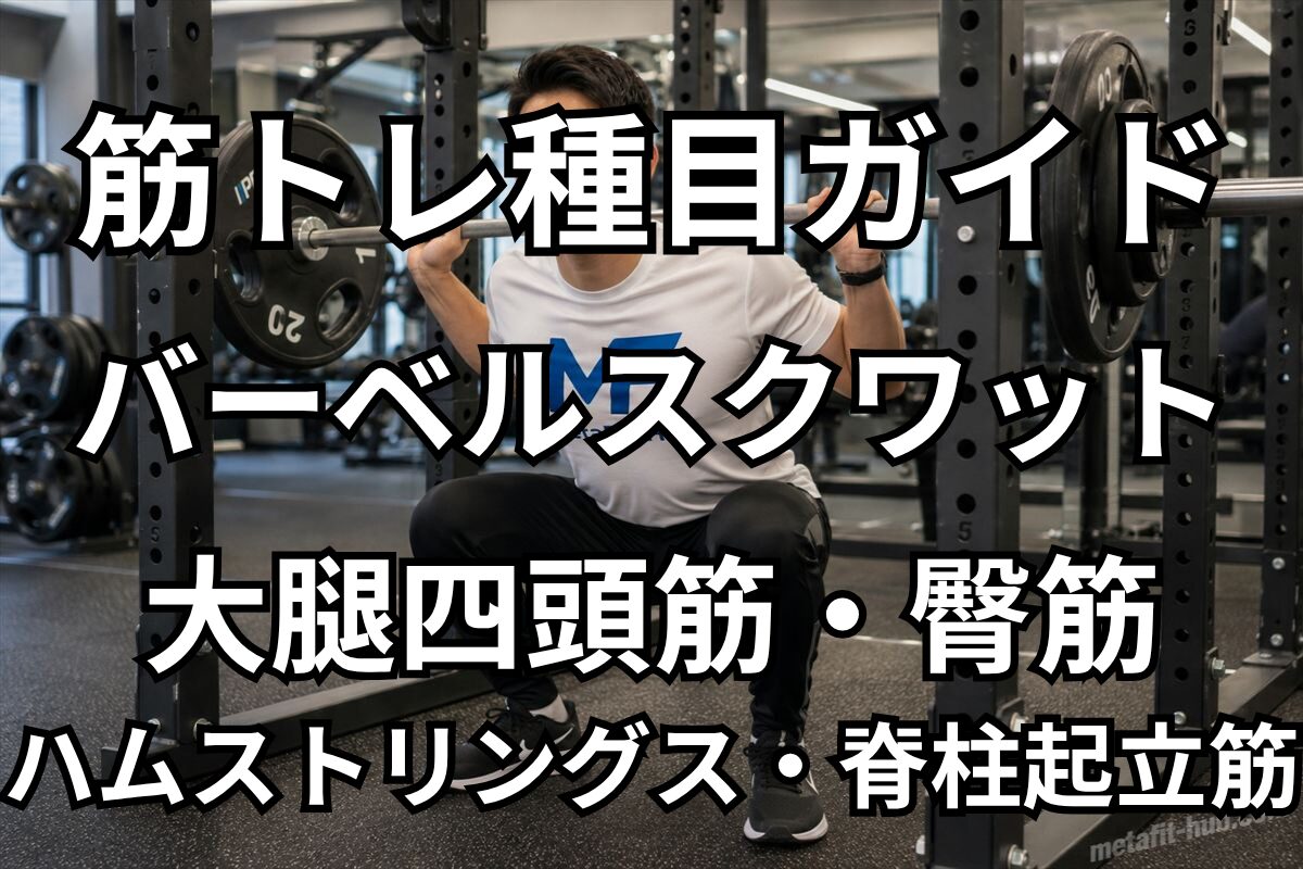 筋トレ種目ガイド「バーベルスクワット」の見出し画像。大腿四頭筋・臀筋・ハムストリングス・脊柱起立筋を鍛えるジムトレーニングのイメージ