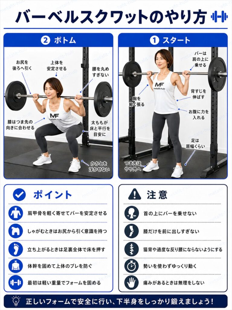 バーベルスクワットのやり方を解説するインフォグラフィック。バーベルを担いでしゃがみ立ち上がる動作とフォームのポイントを図解