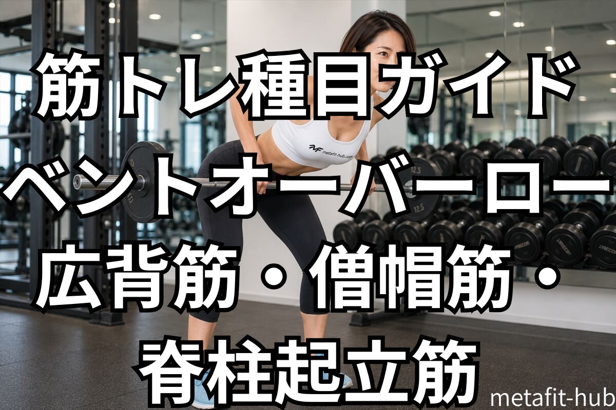 フィットネスジムでベントオーバーロウを行う女性、アイキャッチ