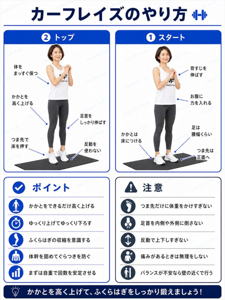 カーフレイズ(自重)のやり方を解説するインフォグラフィック。つま先立ちでかかとを上げ下げする動作とフォームのポイントを図解