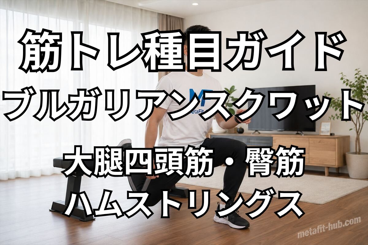 筋トレ種目ガイド「ブルガリアンスクワット」の見出し画像。大腿四頭筋・臀筋・ハムストリングスを鍛える自宅トレーニングのイメージ