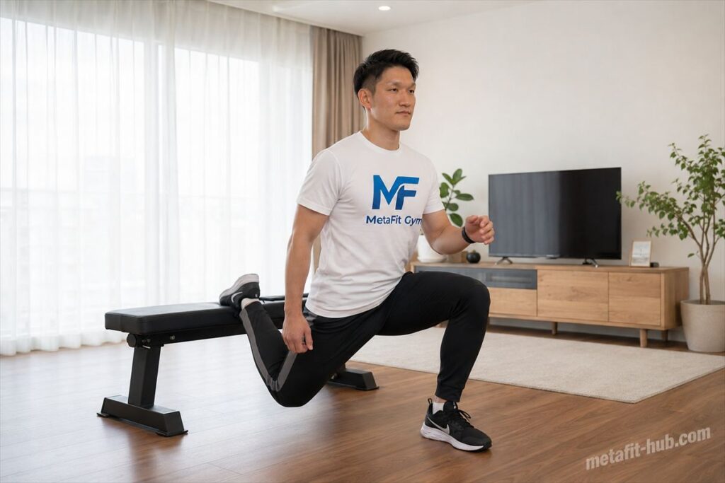 自宅リビングでベンチを使ってブルガリアンスクワットを行う男性モデル。大腿四頭筋・臀筋・ハムストリングスを鍛える筋トレ種目のフォームイメージ