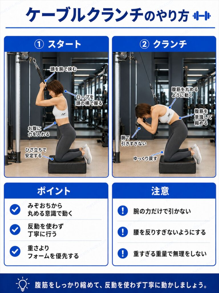 ケーブルクランチのやり方を解説するインフォグラフィック。ケーブルを引きながら上体を丸める動作とフォームのポイントを図解
