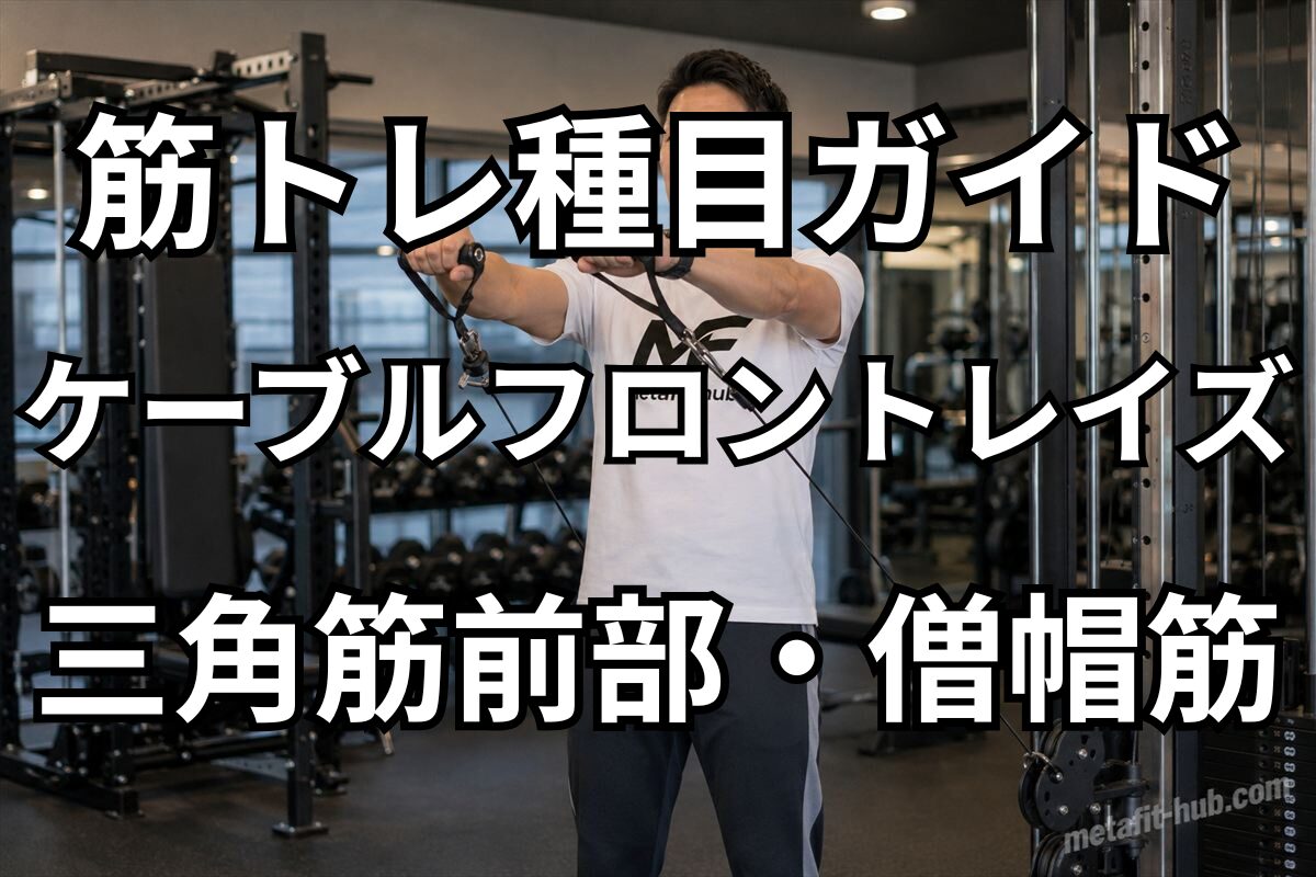 筋トレ種目ガイドとしてケーブルフロントレイズで鍛えられる三角筋前部と僧帽筋を紹介するアイキャッチ画像