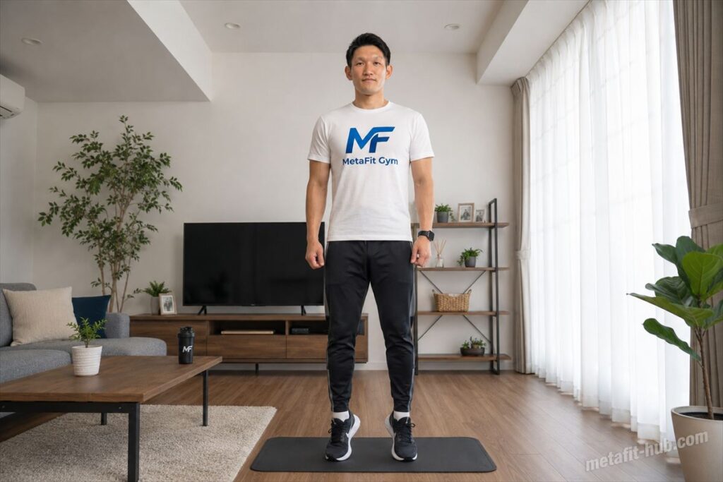 自宅リビングでカーフレイズを行う男性モデル。腓腹筋・ヒラメ筋を鍛える筋トレ種目のフォームイメージ