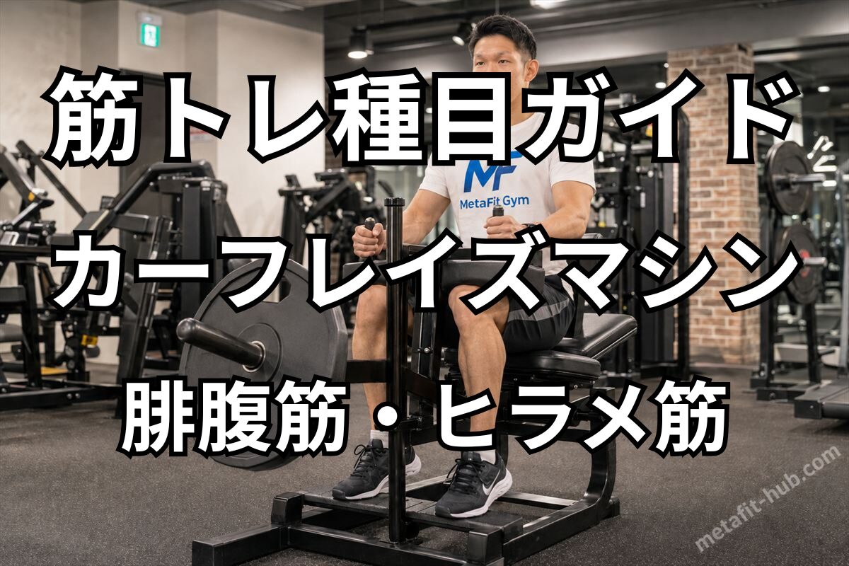 筋トレ種目ガイド「カーフレイズマシン」の見出し画像。腓腹筋・ヒラメ筋を鍛えるジムマシントレーニングのイメージ