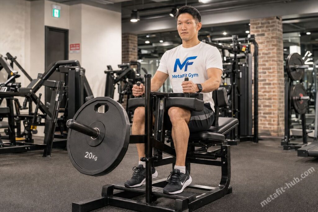 ジムのカーフレイズマシンでトレーニングを行う男性モデル。腓腹筋・ヒラメ筋を鍛える筋トレ種目のフォームイメージ