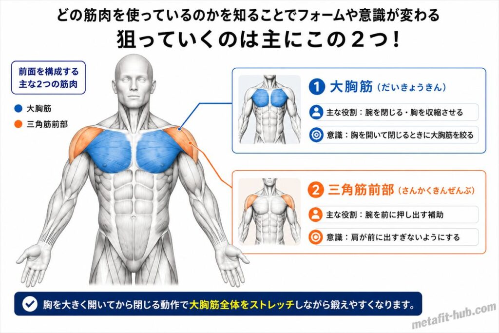 ダンベルフライ（軽ダンベル）で鍛えられる胸の筋肉図。大胸筋をメインに三角筋前部も使われる