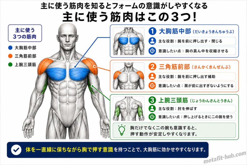 プッシュアップで鍛えられる胸の筋肉図。大胸筋中部をメインに三角筋前部・上腕三頭筋も使われる