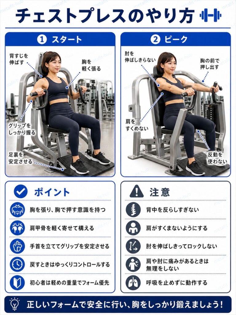チェストプレスマシンの正しいやり方を、スタート姿勢と押し出す動作に分けて解説した初心者向け画像