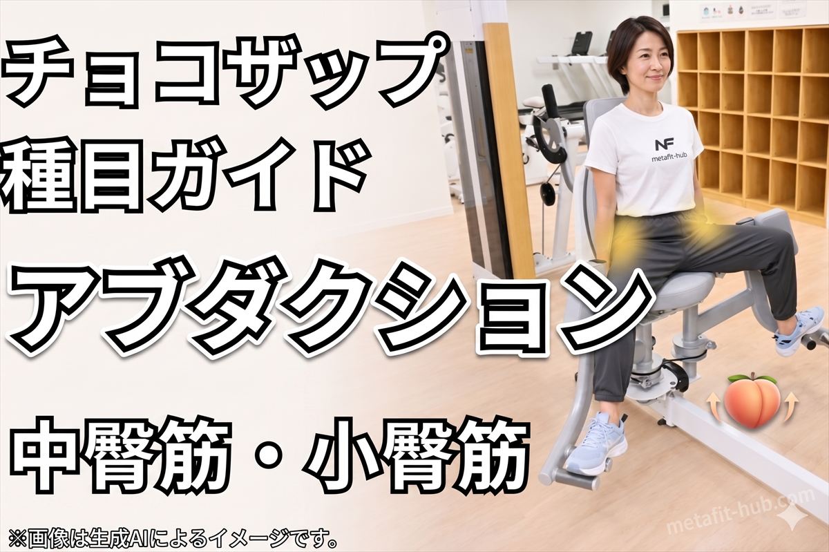 チョコザップ種目ガイドとしてアブダクションで鍛えられる中臀筋と小臀筋を紹介するアイキャッチ画像