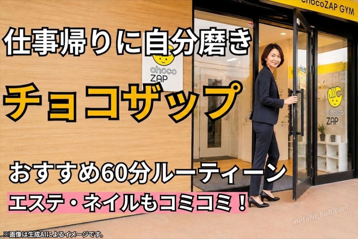 仕事帰りの自分磨きとしてチョコザップの60分ルーティンとエステ・ネイル活用を紹介するアイキャッチ画像