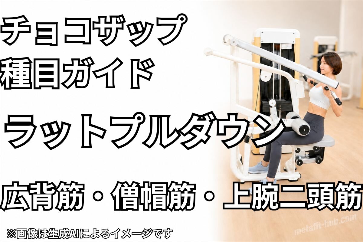 チョコザップ種目ガイドとしてラットプルダウンで鍛えられる広背筋と背中の引き締め効果を紹介するアイキャッチ画像