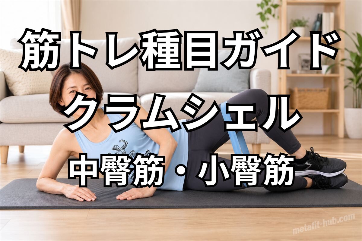 筋トレ種目ガイドとしてクラムシェルで鍛えられる中臀筋と小臀筋を紹介するアイキャッチ画像