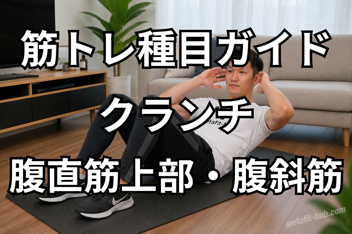 筋トレ種目ガイドとしてクランチで鍛えられる腹直筋上部と腹斜筋を紹介するアイキャッチ画像