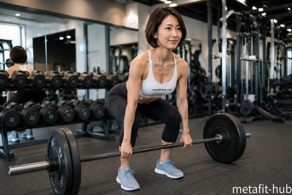 フィットネスジムでデッドリフトを行う女性