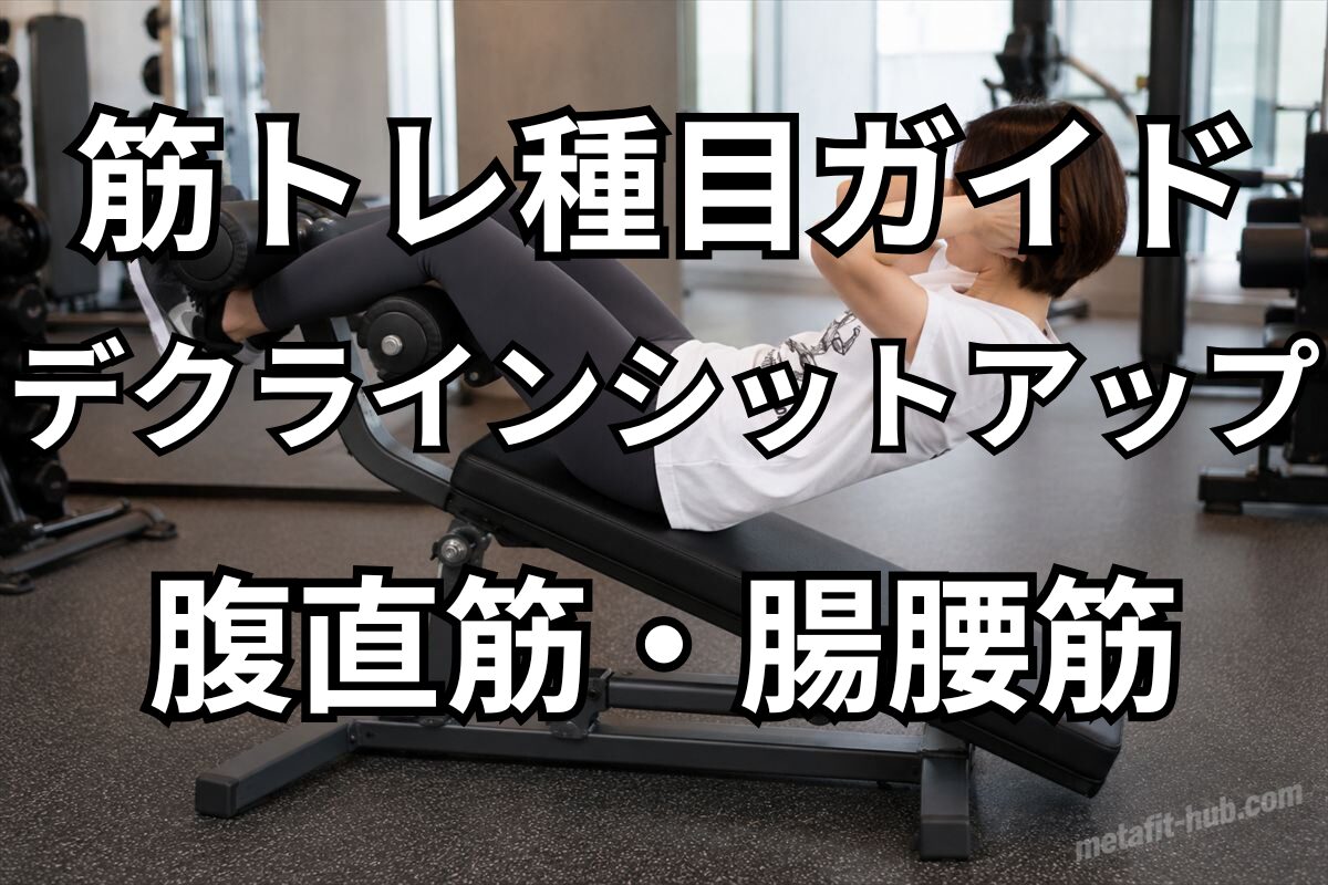 筋トレ種目ガイドとしてデクラインシットアップで鍛えられる腹直筋と腸腰筋を紹介するアイキャッチ画像