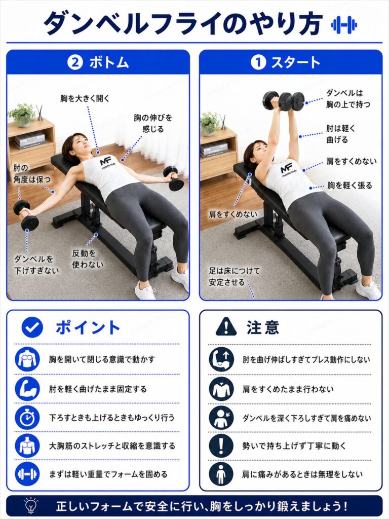 ダンベルフライ（軽ダンベル）のやり方を解説するインフォグラフィック。胸を開いて閉じる弧を描く動作とフォームのポイントを図解