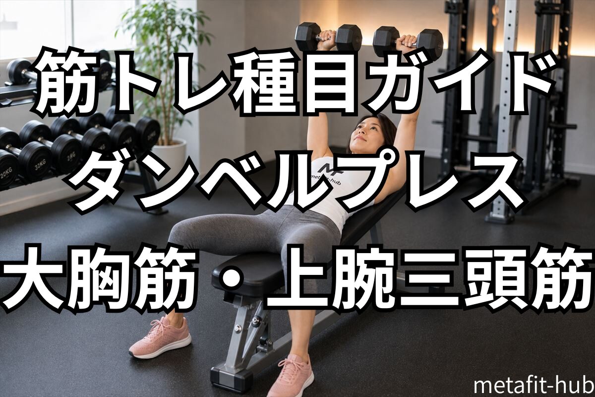 ダンベルプレスのやり方を解説する筋トレ種目ガイド画像。ベンチに仰向けになりダンベルを胸の横から押し上げるフォーム