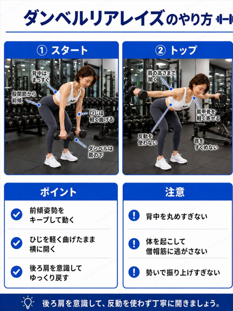 ダンベルリアレイズのやり方を解説するインフォグラフィック。前傾姿勢でダンベルを横に開く動作とフォームのポイントを図解