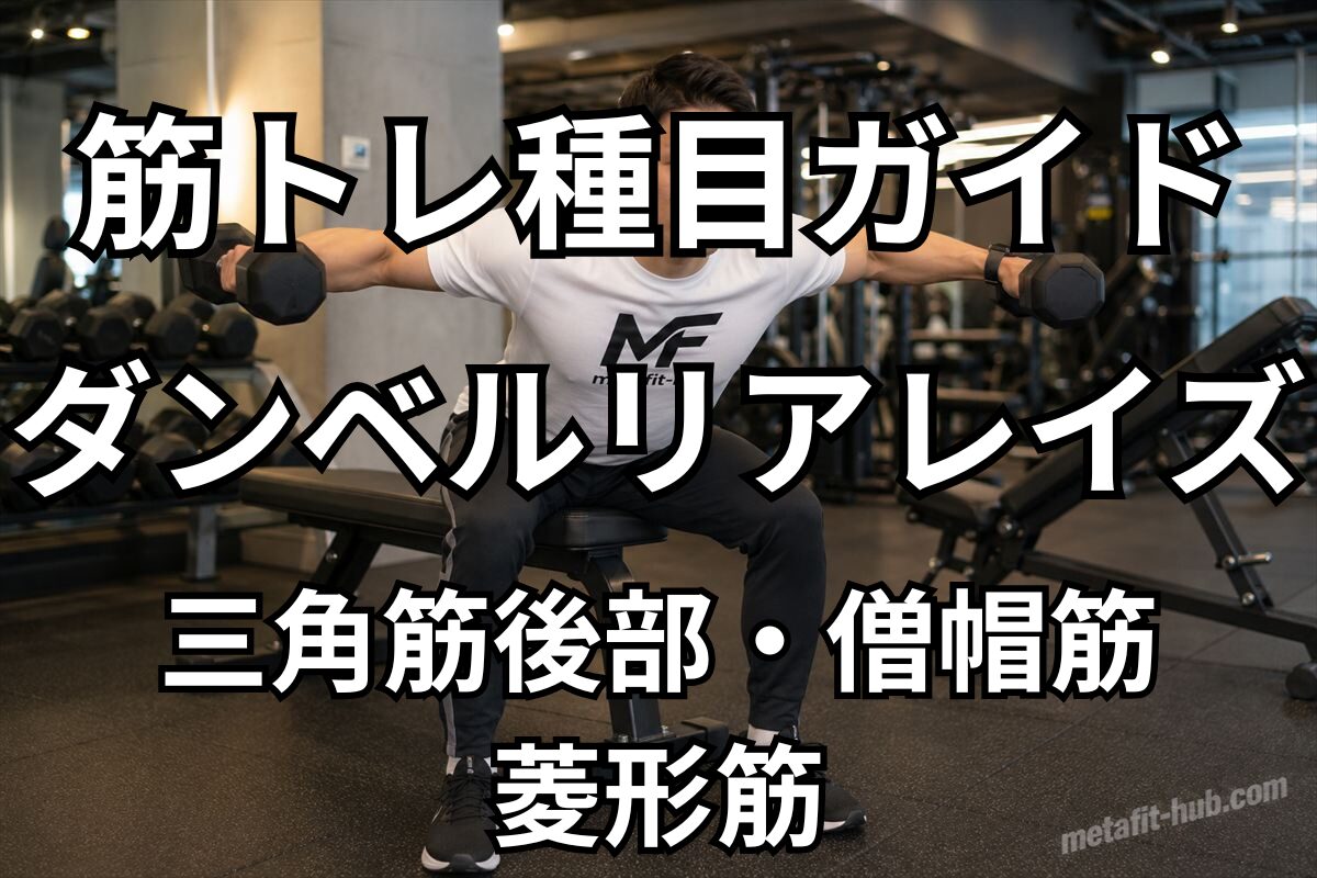筋トレ種目ガイドとしてダンベルリアレイズで鍛えられる三角筋後部・僧帽筋・菱形筋を紹介するアイキャッチ画像