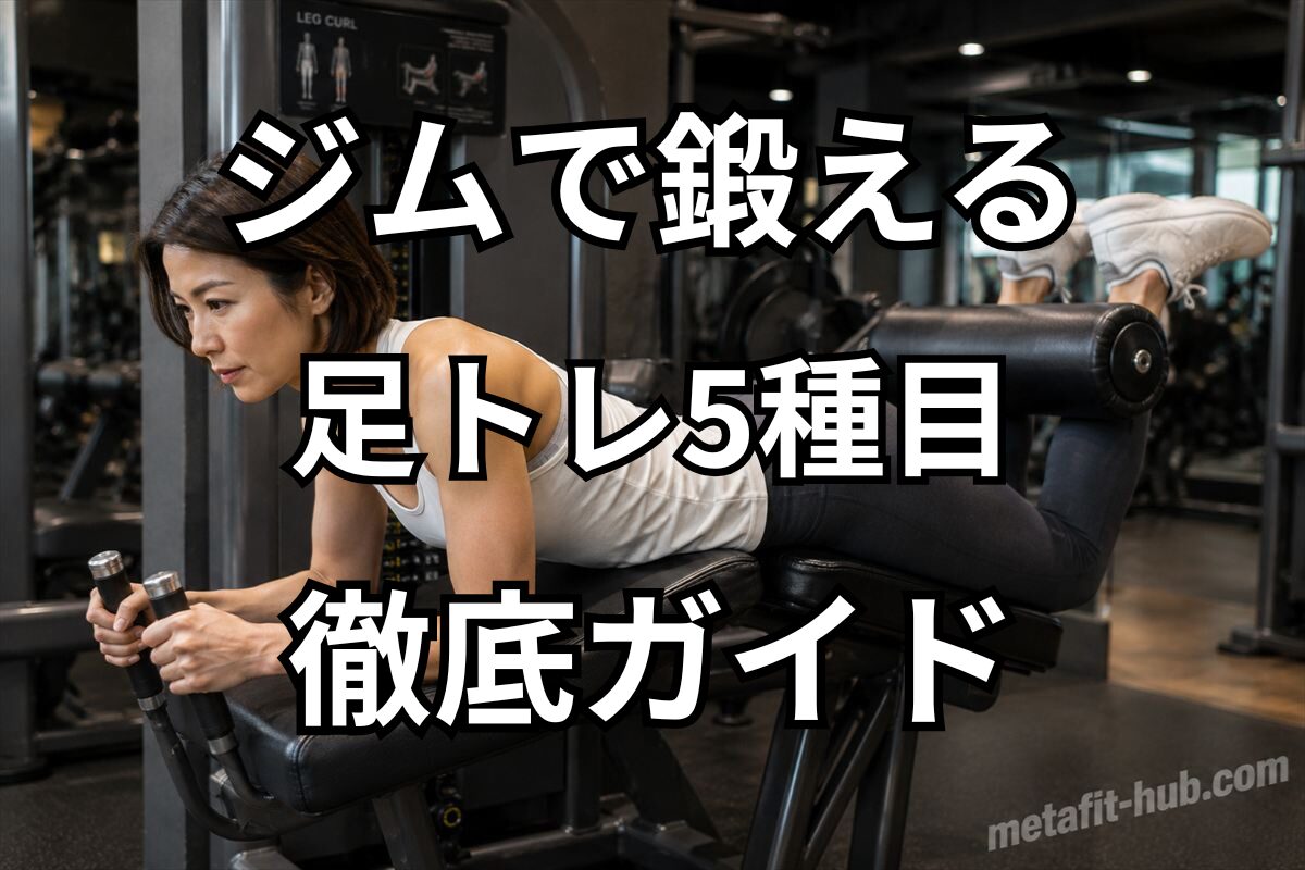 ジムで鍛える足トレ5種目徹底ガイドの見出し画像。ジムで女性がレッグカールマシンを使って下半身を鍛えるトレーニングイメージ