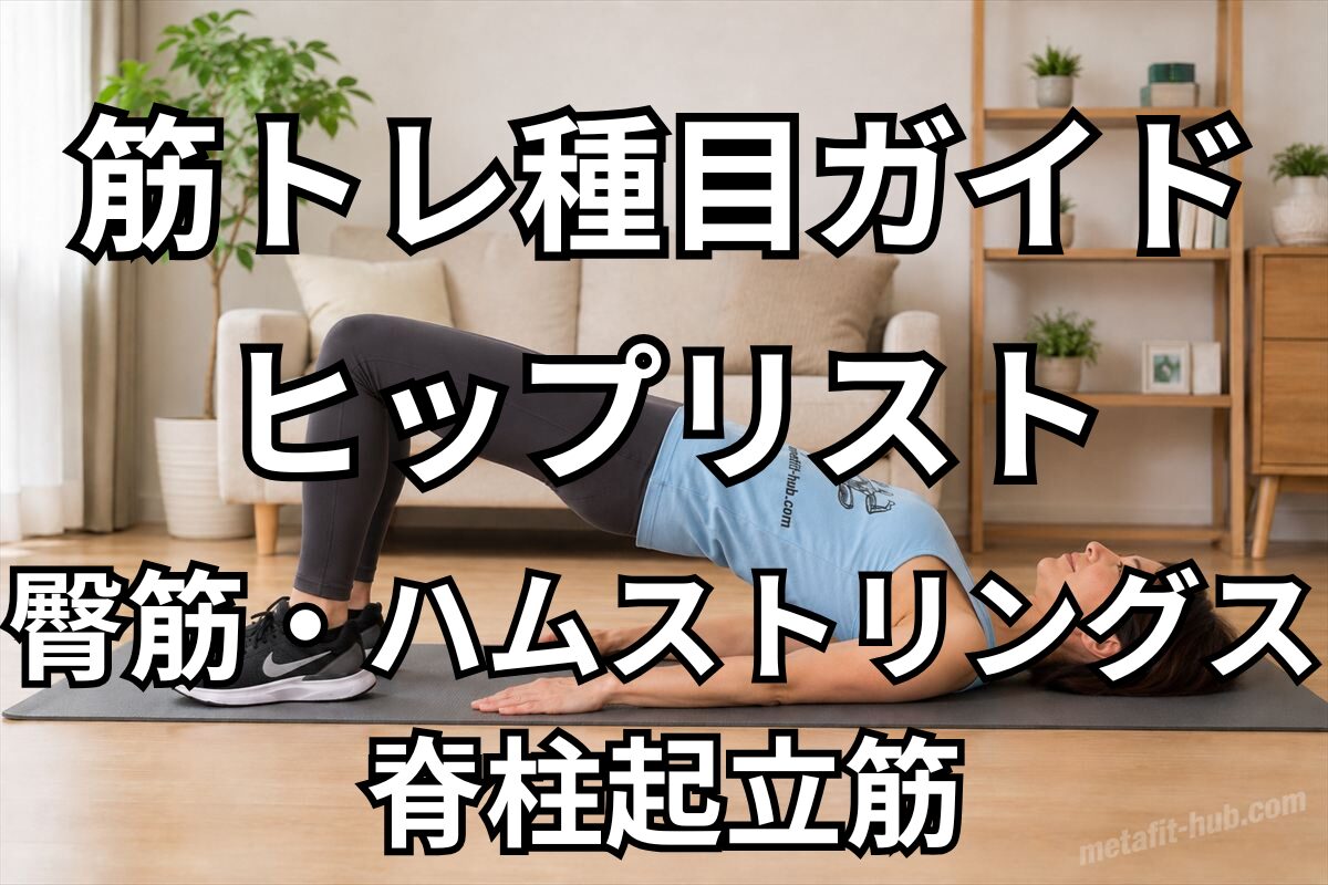 筋トレ種目ガイドとしてヒップリフトで鍛えられる臀筋・ハムストリングス・脊柱起立筋を紹介するアイキャッチ画像