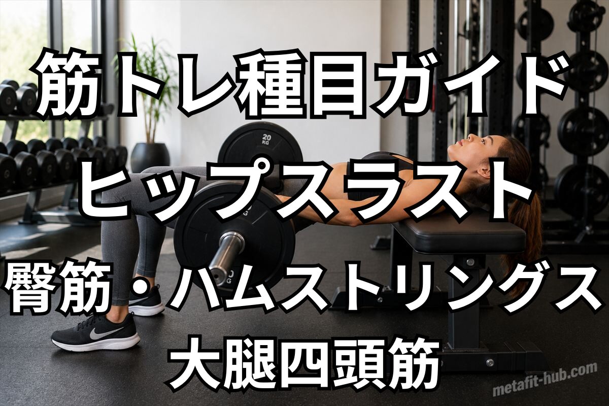 筋トレ種目ガイドとしてヒップスラストで鍛えられる臀筋・ハムストリングス・大腿四頭筋を紹介するアイキャッチ画像