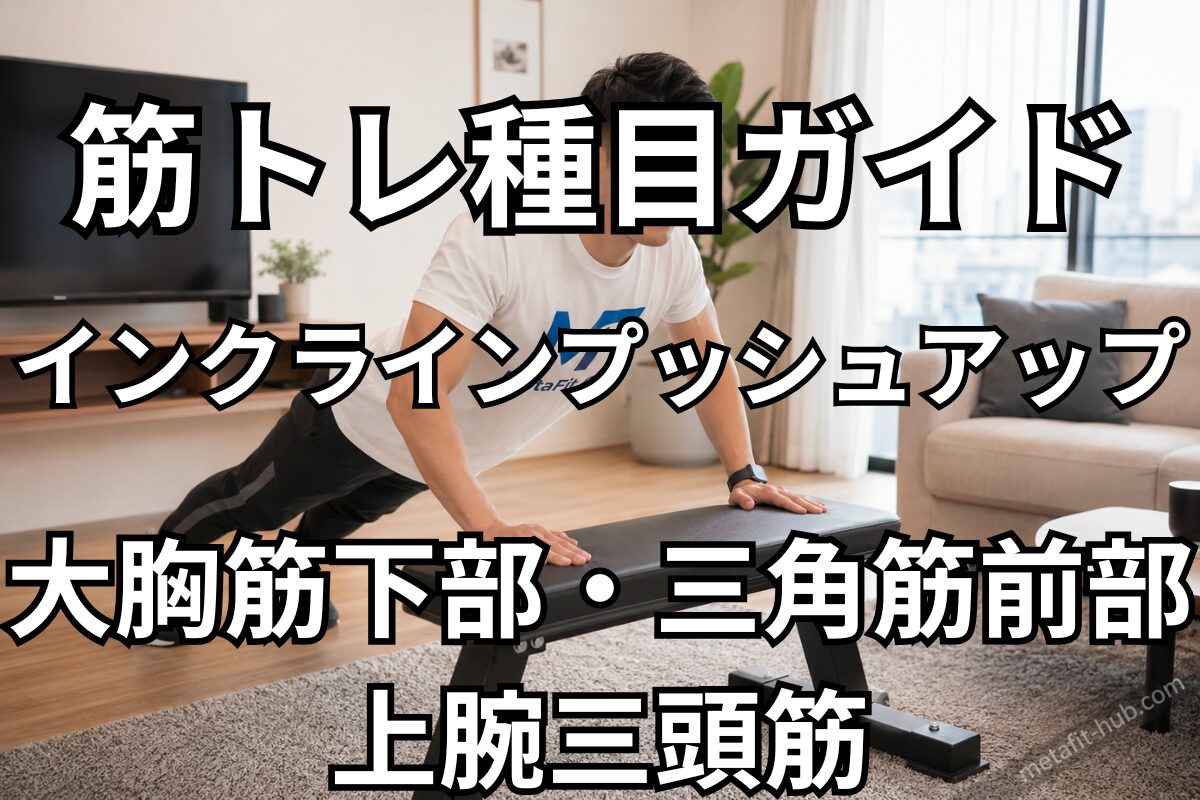 筋トレ種目ガイド「インクラインプッシュアップ」の見出し画像。大胸筋下部・三角筋前部・上腕三頭筋を鍛える自宅トレーニングのイメージ