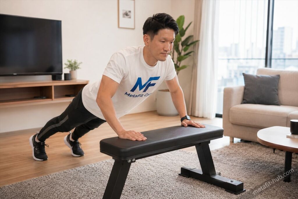自宅でベンチを使ってインクラインプッシュアップを行う男性モデル。大胸筋下部・三角筋前部・上腕三頭筋を鍛える筋トレ種目のフォームイメージ