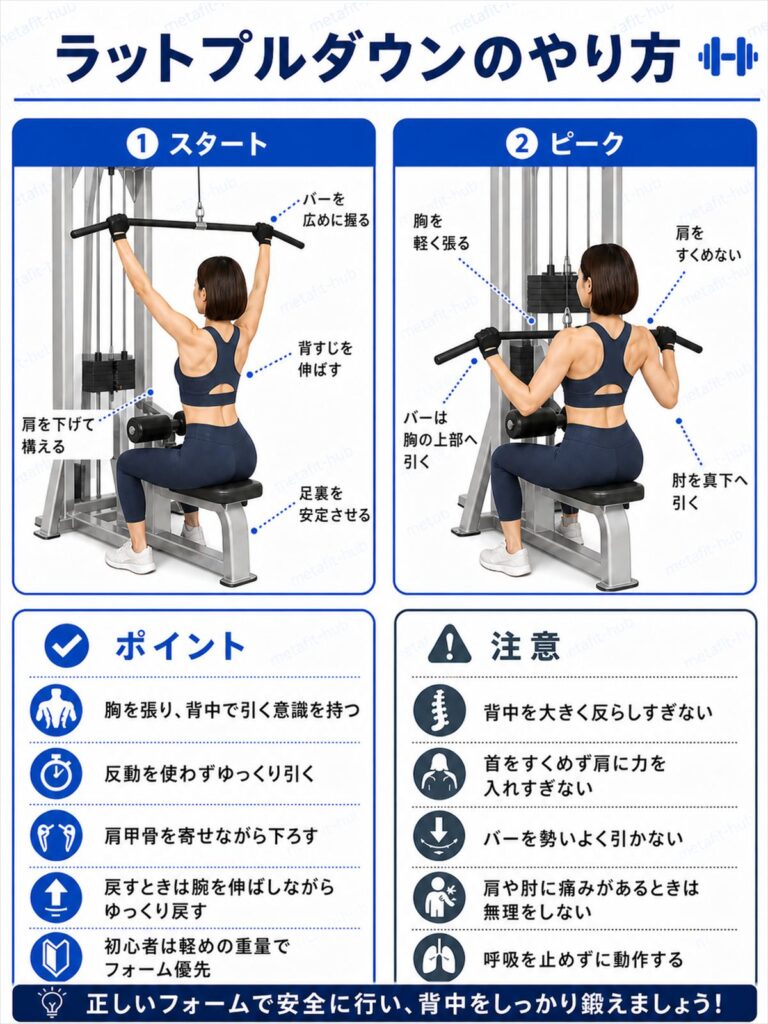 ラットプルダウンマシンで背中を鍛えるやり方を、バーの握り方と引き下ろす動作で解説した初心者向け画像
