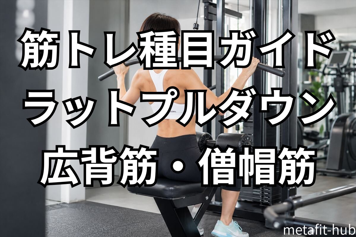 フィットネスジムでラットプルダウンを行う女性、アイキャッチ