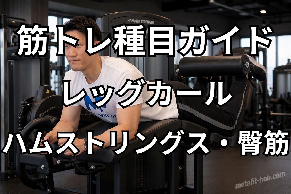 筋トレ種目ガイド「レッグカール」の見出し画像。ハムストリングス・臀筋を鍛えるジムマシントレーニングのイメージ
