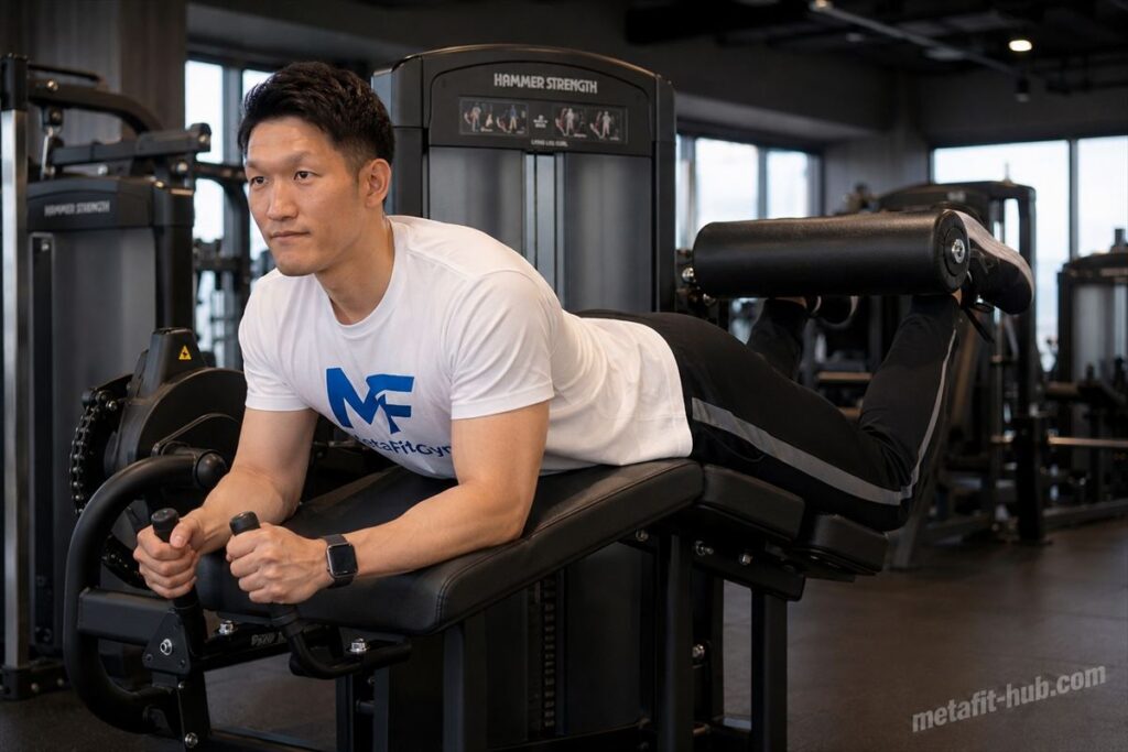 ジムのレッグカールマシンでトレーニングを行う男性モデル。ハムストリングス・臀筋を鍛える筋トレ種目のフォームイメージ
