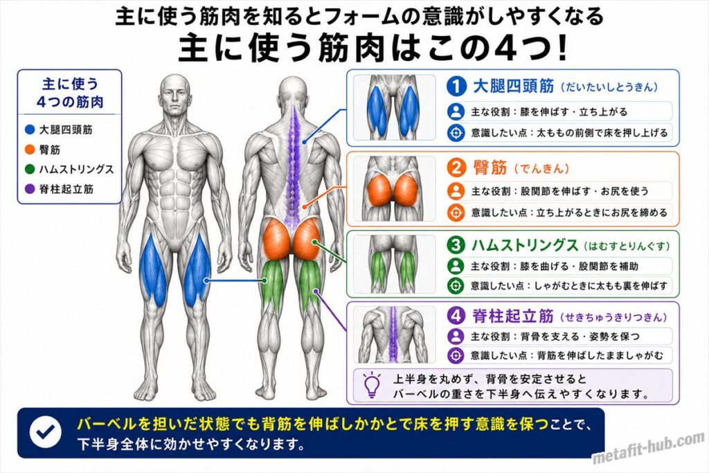 バーベルスクワットで鍛えられる脚の筋肉図。大腿四頭筋をメインに臀筋・ハムストリングス・脊柱起立筋も使われる