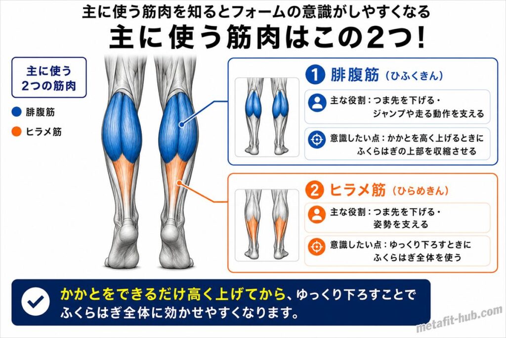 カーフレイズ(自重)で鍛えられる脚の筋肉図。腓腹筋・ヒラメ筋をメインに使われる