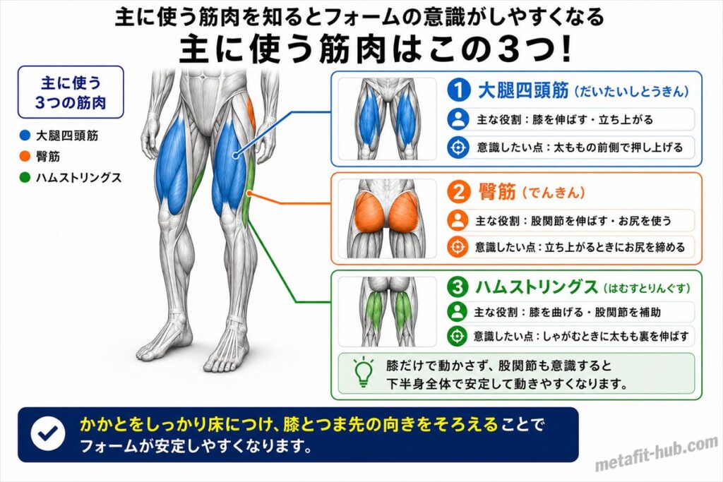 スクワット(自重)で鍛えられる脚の筋肉図。大腿四頭筋をメインに臀筋・ハムストリングスも使われる