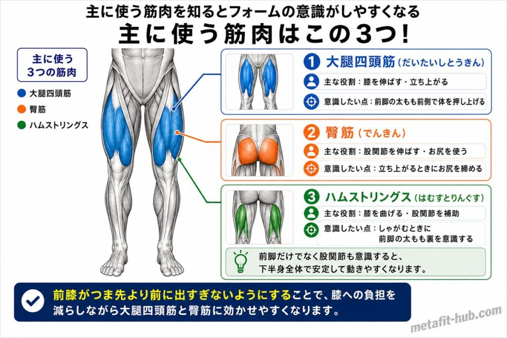 ランジで鍛えられる脚の筋肉図。大腿四頭筋・臀筋をメインにハムストリングスも使われる