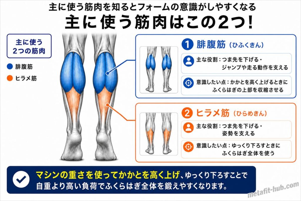 カーフレイズ(マシン)で鍛えられる脚の筋肉図。腓腹筋・ヒラメ筋をメインに使われる