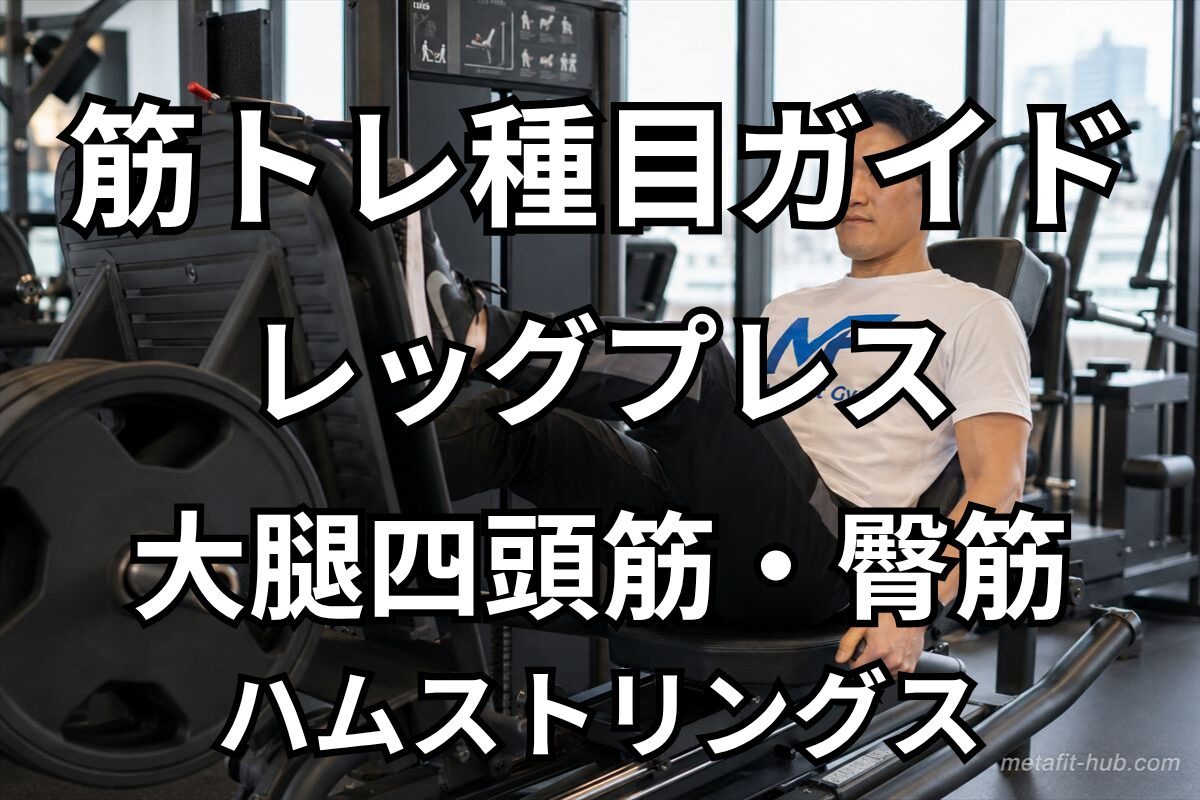 筋トレ種目ガイド「レッグプレス」の見出し画像。大腿四頭筋・臀筋・ハムストリングスを鍛えるジムマシントレーニングのイメージ